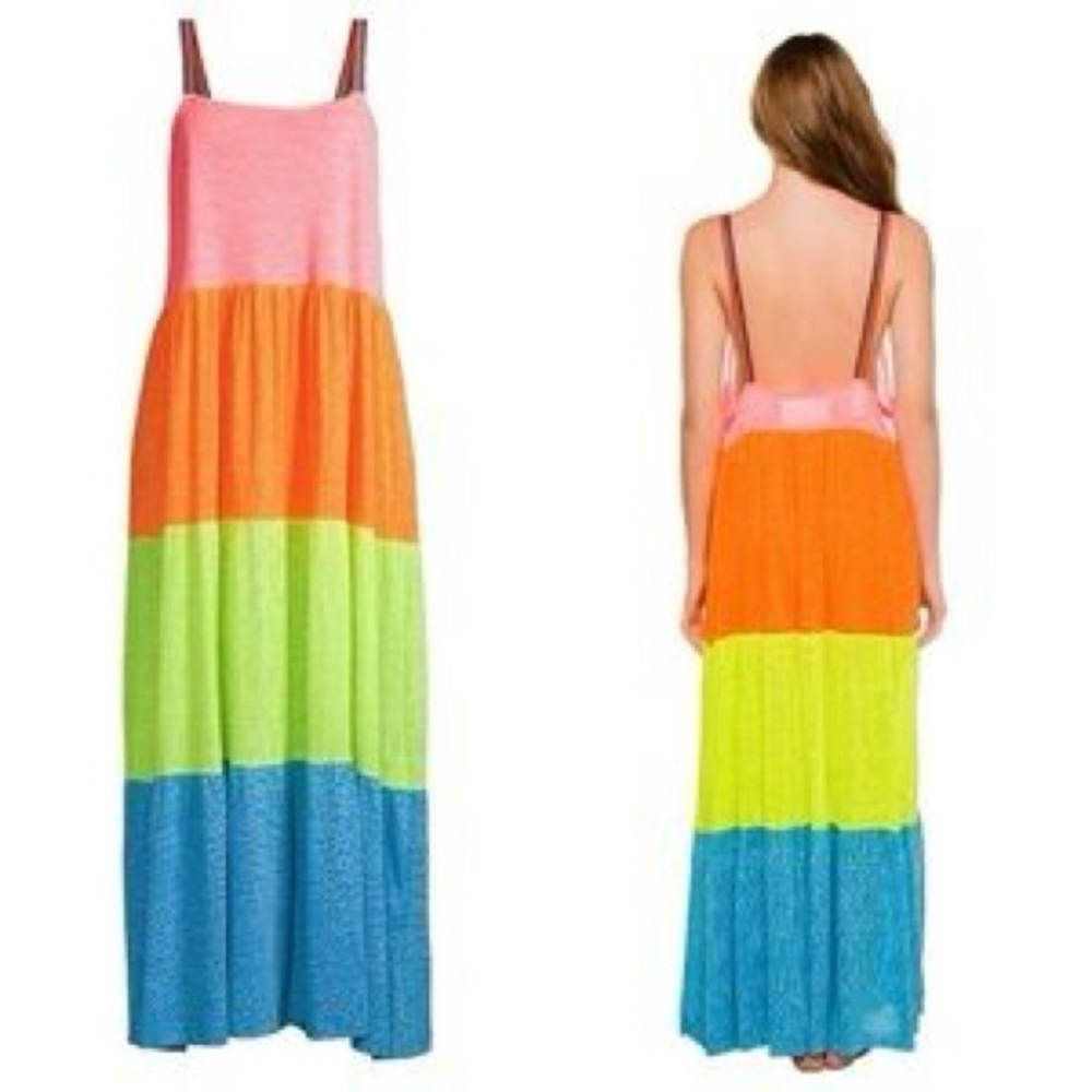 Pitusa Neon Colorblock Tiered Maxi Dress - Pink, Orange, Lime, Blue - Picture 2 of 8